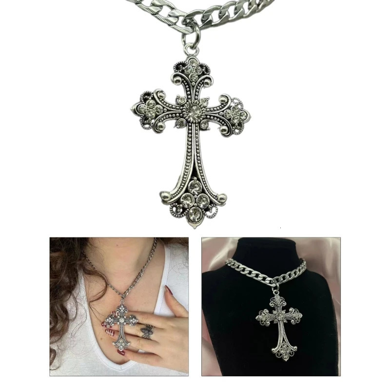 Large Detailed Cross Drill Pendant Necklace Silver Color Tone Gothic Punk Jewellery Fashion Charm Statement Women Girls Gift 250922