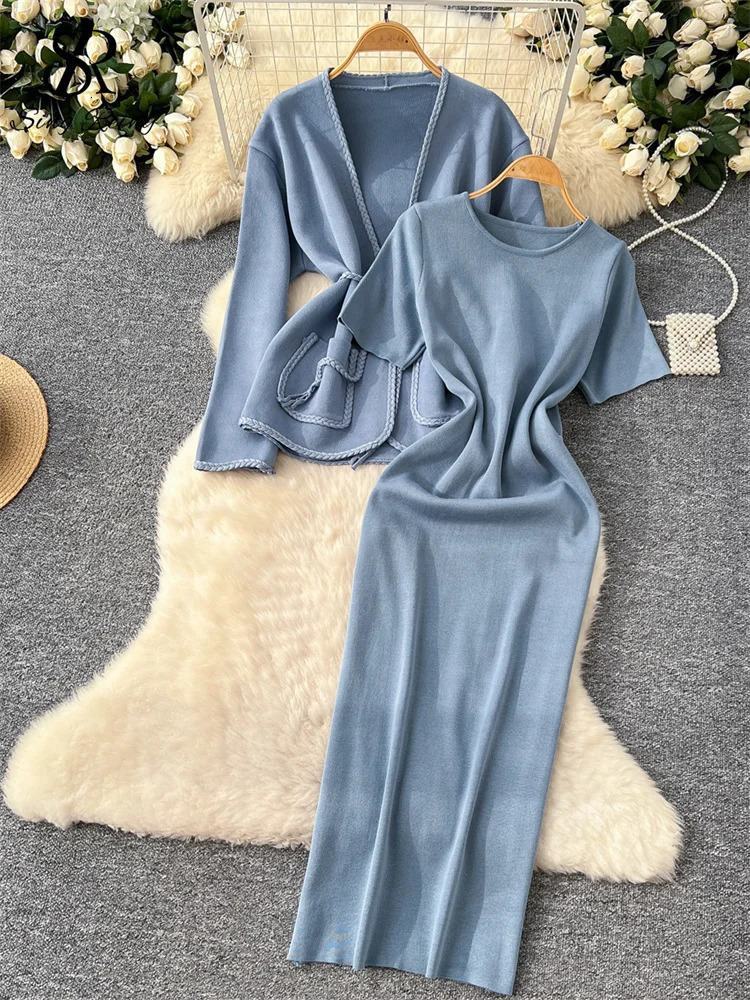 SINGREINY Office Ladies Autumn Knit Suits Long Sleeves Lace Up CardiganO Neck High Elastic Slim Fit Dress Senior Solid Sets 250818wtt