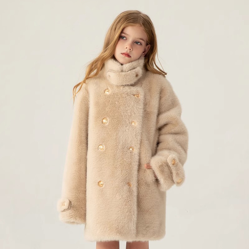 New Winter Luxury design Girls Fur Jackets Children cotton Lined coat Imitation Mink Fur Coat Kids Beige Pink Thicken Fur Outwear