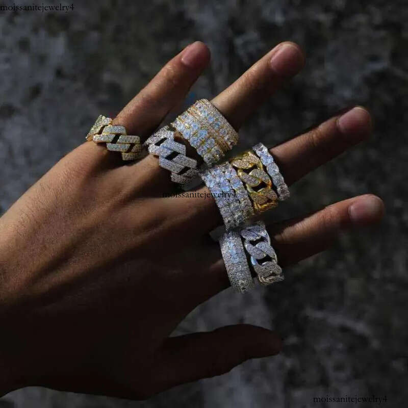 Fine Iced Out Hip Hop Cuban k Ring Gold Plated Sterg Sier Vvs Moissanite Dia Finger Band for Men