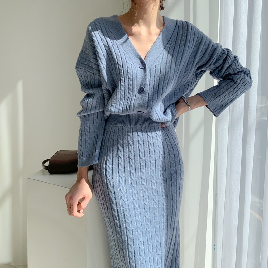 Autumn Winter Women's V-neck Linen Knitted Dress Sets Fashion Cardigan Sweater High Waist Wrap Hip Skirt Two Piece Sets R250930 - view 3