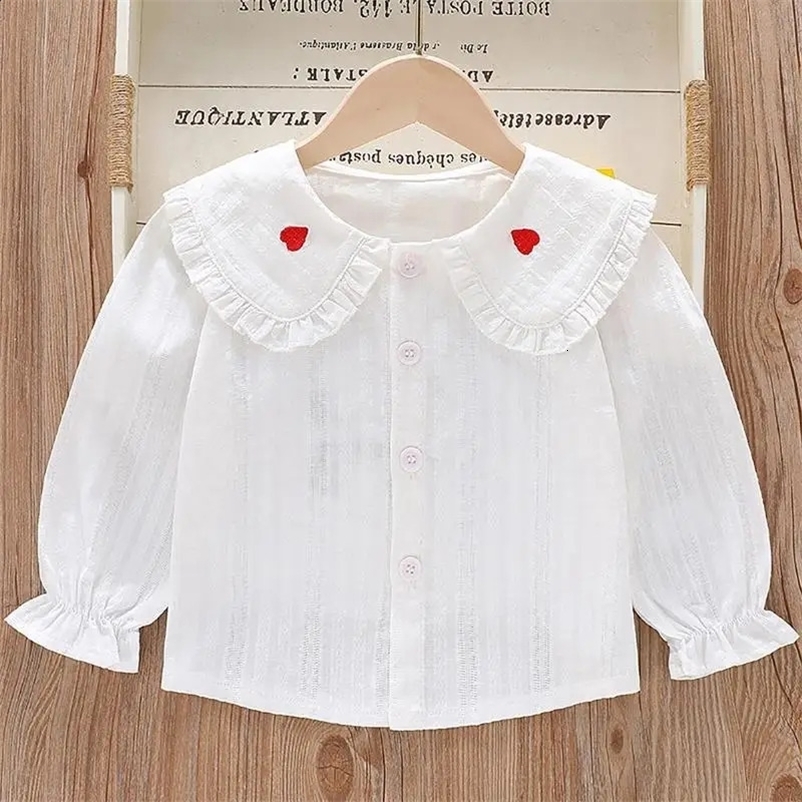 DAYIFUN Doll Collar Shirts Childrens White Cuffed Heart Embroidered ShirtSpring/Summer Solid Color Long Sleeved Fashion Top 250526bj