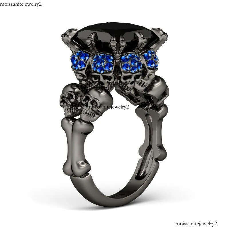 Vintage Punk Fashion Jewelry Wholesale New Brand 10KT Black Gold Filled Big Blue Sapphire Dia Women Wedding Skull Band Ring Gift Box