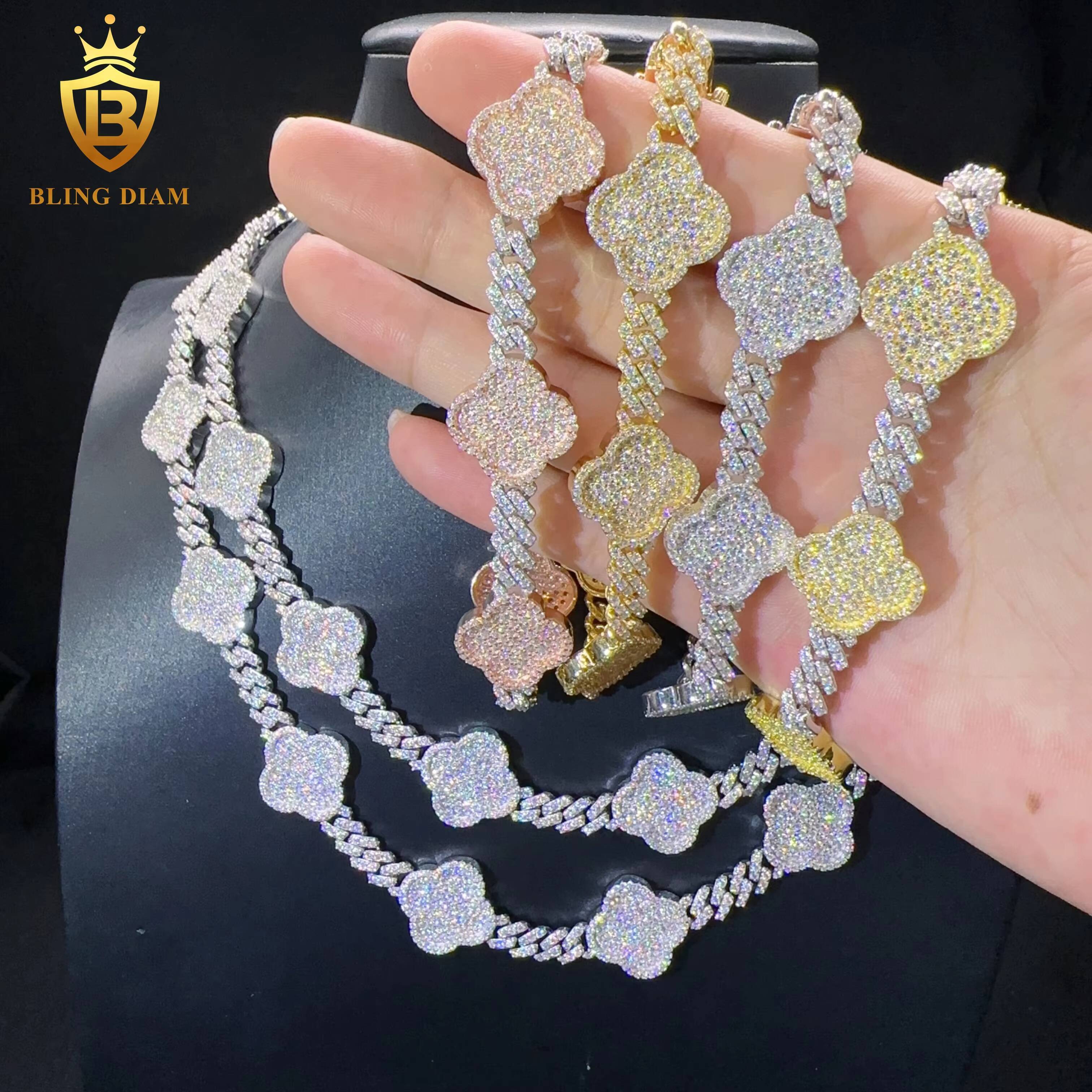 Sterling Silver Hip Hop Jewelry Cuban Necklace d Color Vvs Moissanite Iced Out Diamond Clover Leaf Cuban Link Bracelet Chain