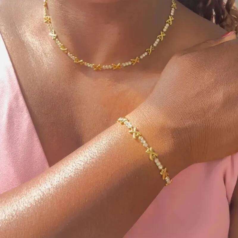 Light Gold Plated Gemma Cubic Zirconia Set for Women Elegant X Cross Choker Necklace Wedding Jewelry Gift