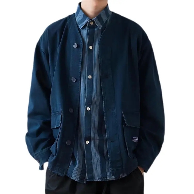 Japan Style VNeck Men Indigo Denim Jacket Single Breasted Spring Autumn Sand Wash Coat With Front Flap Pockets 240701wtt