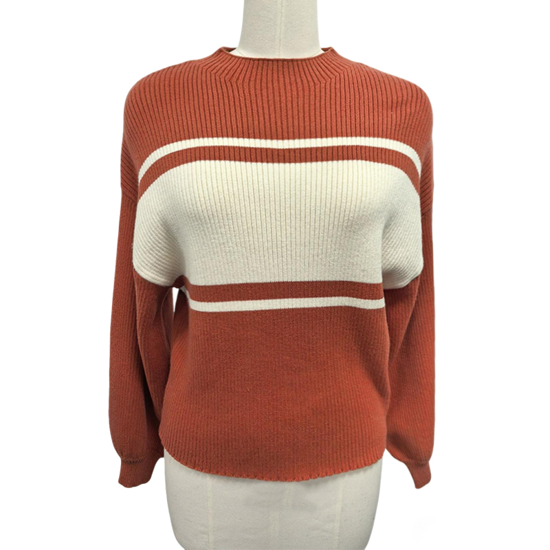 Women's Blouses & Shirts Women's Mock Neck Striped Sweater - Orange Brown & Cream Color Block Loose Batwing Sleeve Pullover, Casual Fall Top
