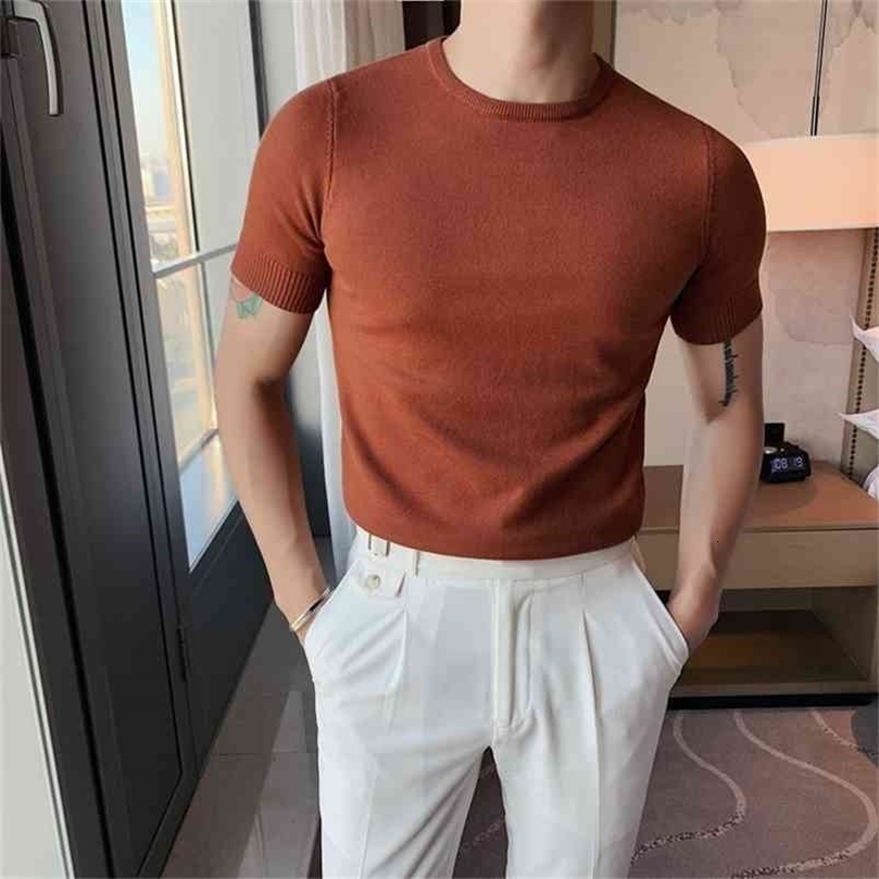 6Colors Spring Short Sleeve Men Knitted Sweaters Casual Fashion Round Collar Slim Fit Pullovers Solid Plus Size 4XL-M 210813wtt