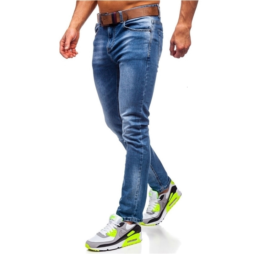 Spring and Autumn New men cotton mid-waist zipper placket straight casual jeans men blue slim-fit micro-elastic denim trousers 201116wtt
