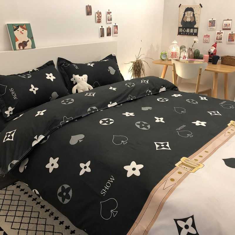 Ins Style Bear Washed Cotton Duvet Cover & Bed Sheets Cartoon Design for Student Dormitory - 3-Piece Simple Four-Piece Bedroom Linen Set W260302