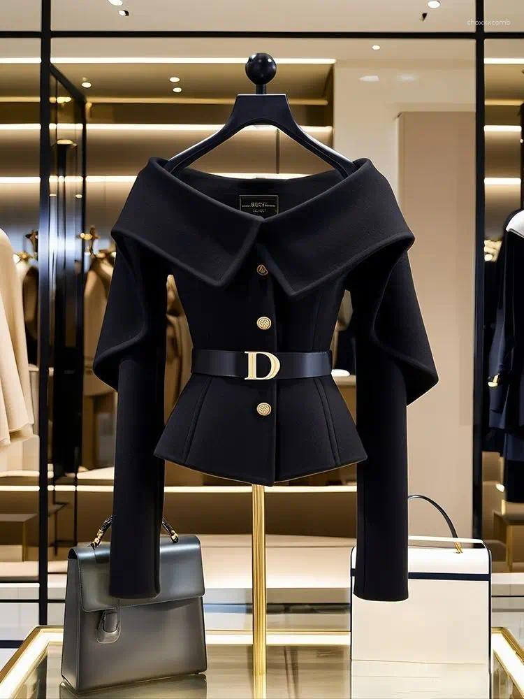 Women's Jackets Black Short Coat Women Clothing Autumn/Winter Stylish High End Commuter Off Shoulder Slimming Waist Belted Top