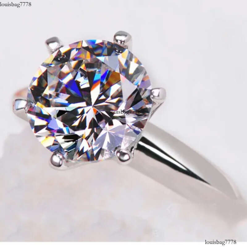 Real S Sterling Sier Classical Six Claw Ladies Jewellery Round Cut White Lab Moissanite Dia Solitaire Party Elegant Women Crown Ring Gift