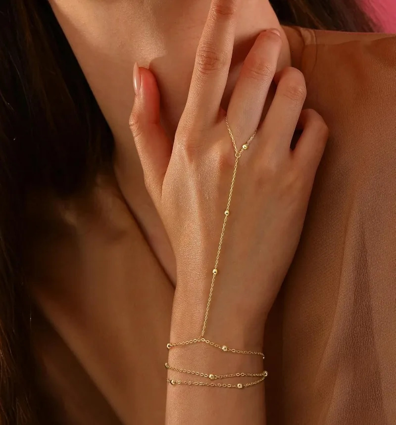 Ring Hand Chain Bracelet for Women Trendy 14K Gold Plated Stainless Steel Bead Satellite Hand Chain Bracelets Jewelry Gift 250922