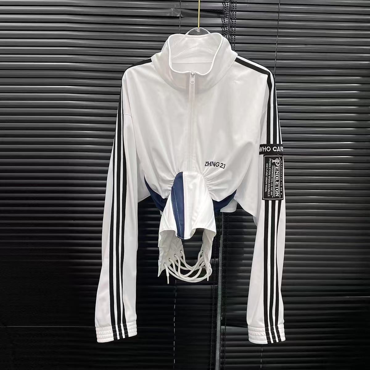 American Style Color Block Patchwork Short Jacket for Women with Tie Design Fishbone Waist Slimming Stand Collar Sun Protection Shirt Top Trendy 25030