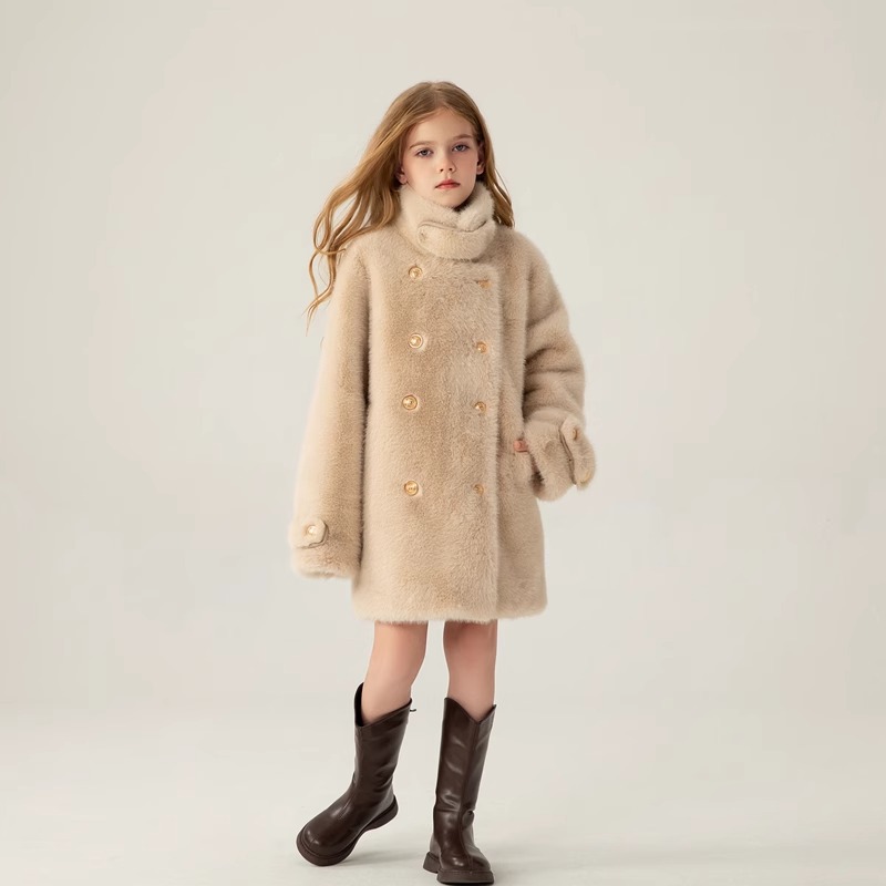 New Winter Luxury design Girls Fur Jackets Children cotton Lined coat Imitation Mink Fur Coat Kids Beige Pink Thicken Fur Outwear