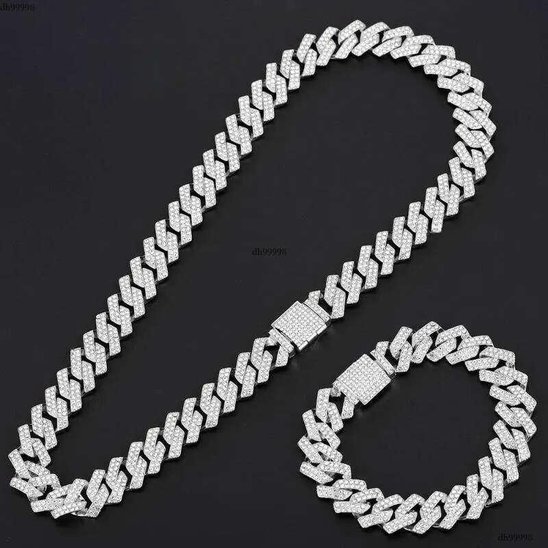 Chains 15mm Miami Prong Cuban Chain k Sier Color Necklaces 2 Row Full Iced Out Rhies Bracelet Set For Mens Hip Hop