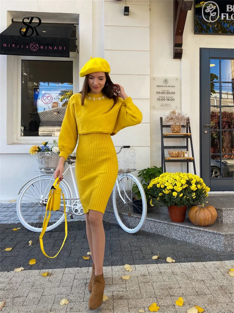 SINGREINY Winter Women Knitted Sets Fashion Breading Long Sleeve Pearl SweaterKnitted Camis Dress Sweater Suits 250818wtt