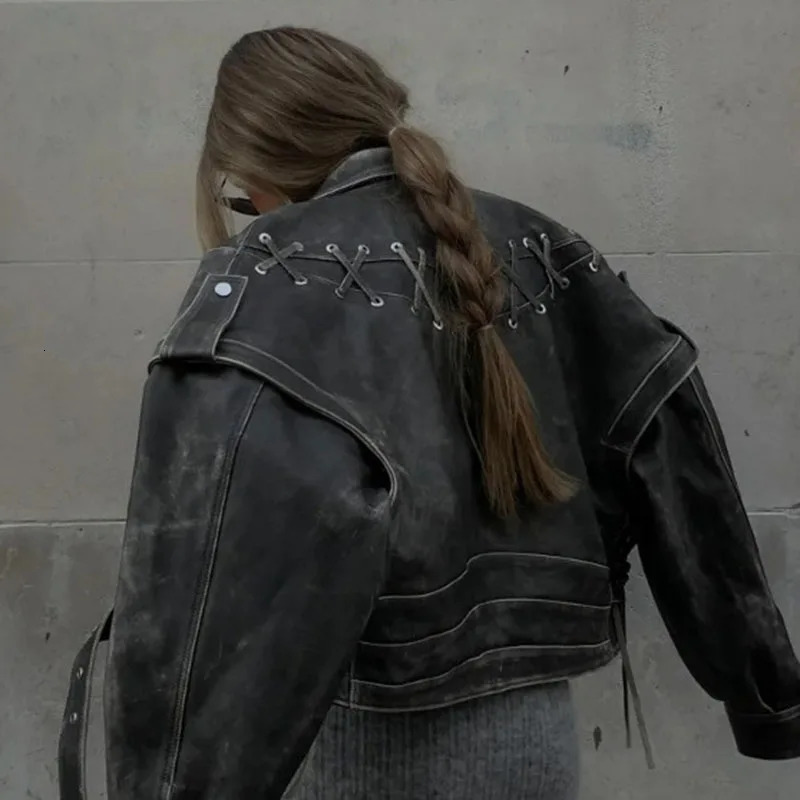 TARUXY Retro Braid Leather Jacket Coat For Women Lace Up Splice Motorcycle Style Short Jackets Long Sleeve Slim Streetwear Coat 250922