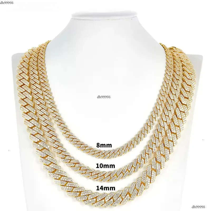 8mm 10mm 14mm 2 row k S 14k rhodium rose gold color vvs moissanite cuban chain passed dia tester