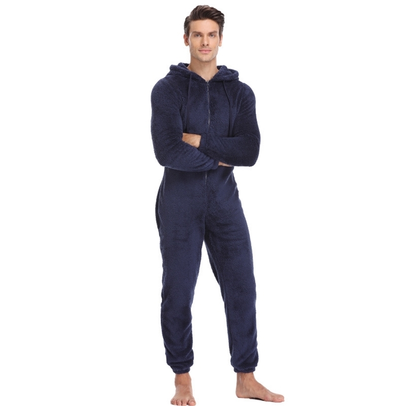 Men Plush Teddy Fleece Pajamas Winter Warm Pyjamas Overall Suits Plus Size Sleepwear Kigurumi Hooded Pajama Sets For Adult Men 201023wtt