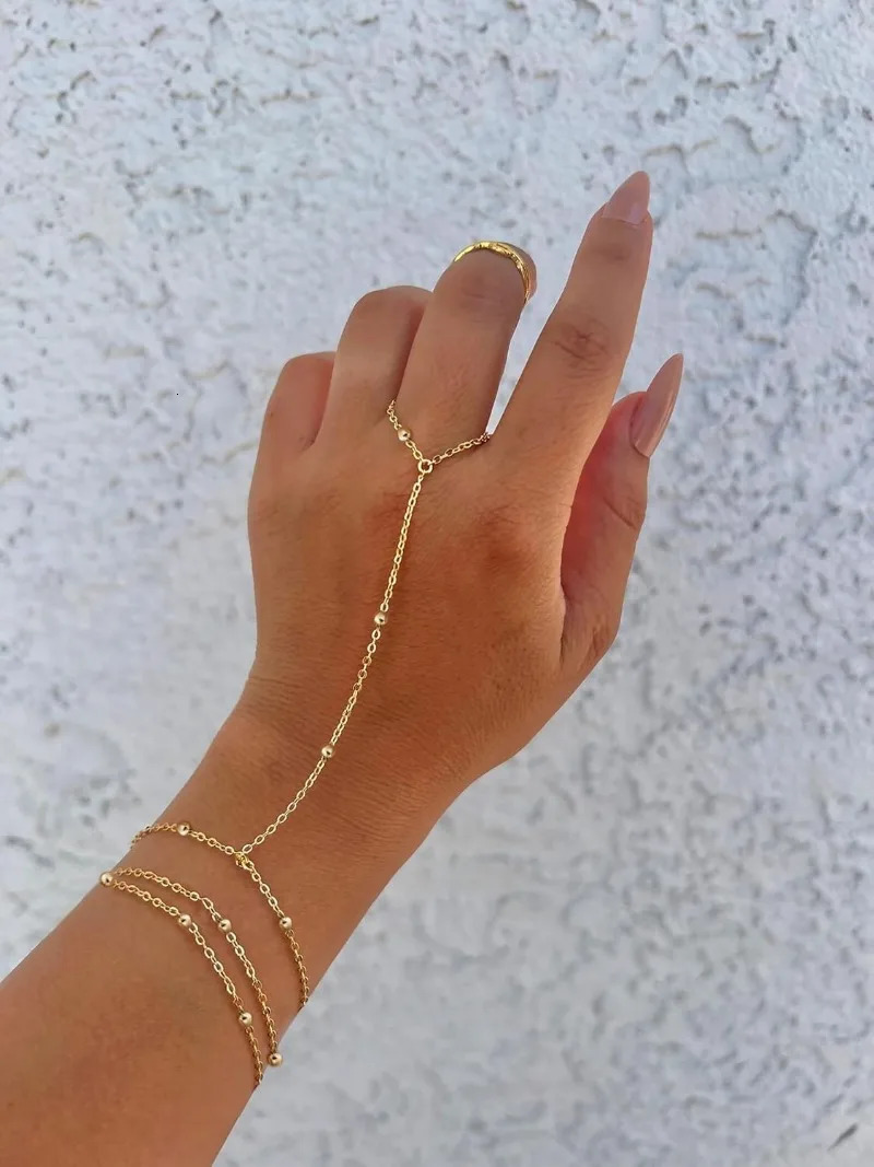 Ring Hand Chain Bracelet for Women Trendy 14K Gold Plated Stainless Steel Bead Satellite Hand Chain Bracelets Jewelry Gift 250922