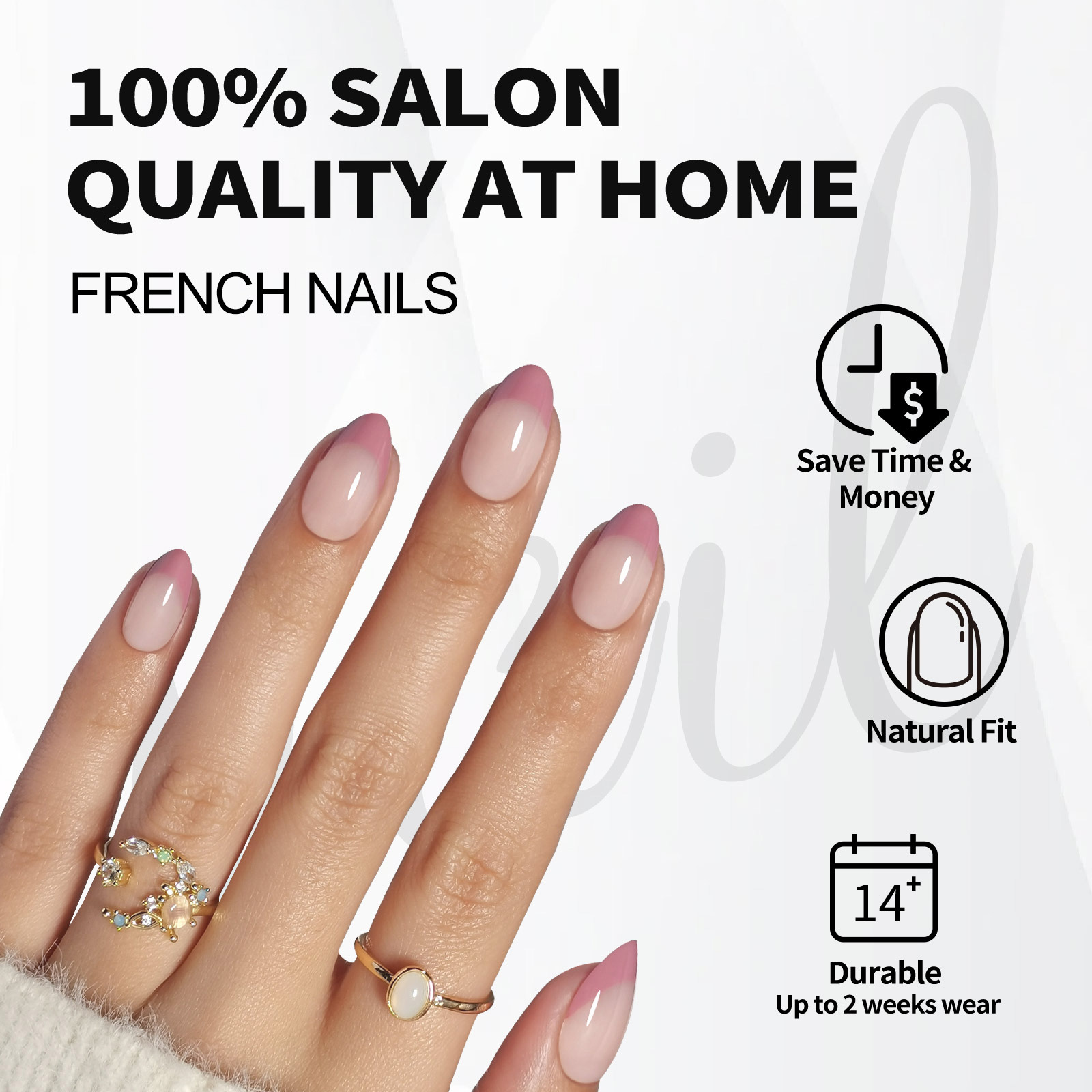 Prune French Press-on Fake Nails - Soft Gel Almond Nails with a Natural and Perfect Fit, 16 Sizes - 32 Reusable Fake Nails