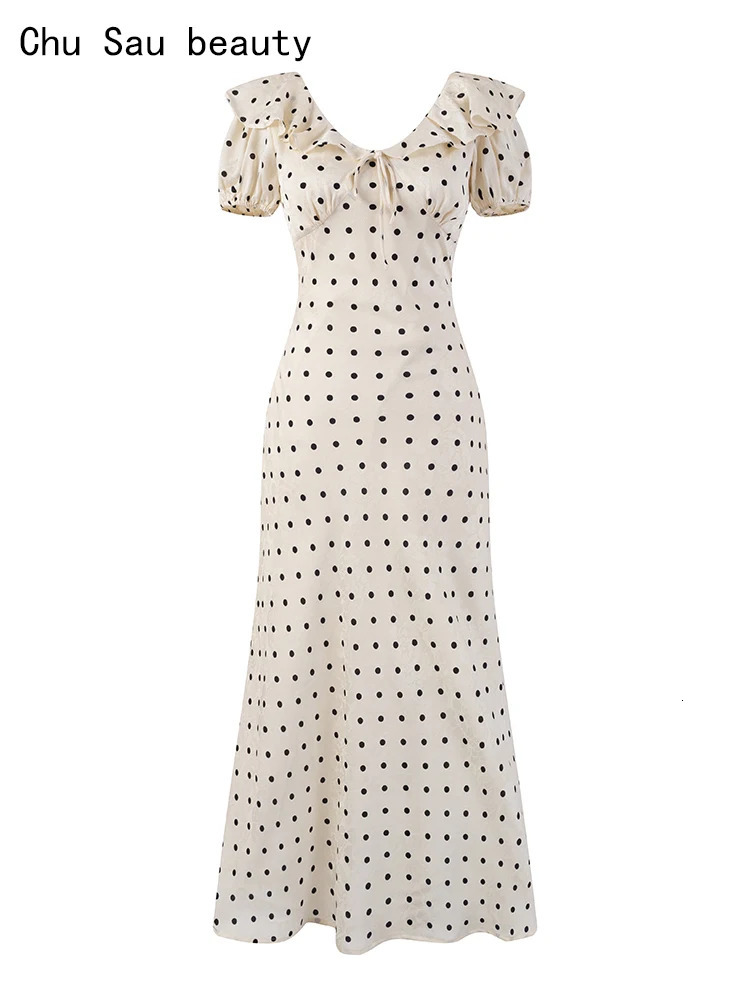 Chu Sau beauty 2025 Women Fashion Sweet Polka Dot Print Chic Ruffles Long Dress Vintage VNeck Puff Sleeve Party Dresses250922