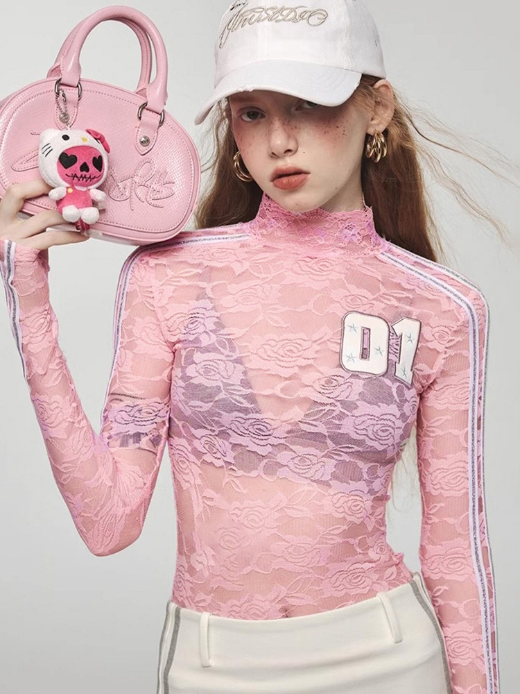 Women's Autumn New Collection: Digital Embroidery High Neck Lace Perspective Set, Finger Long Sleeve Top, T-shirt