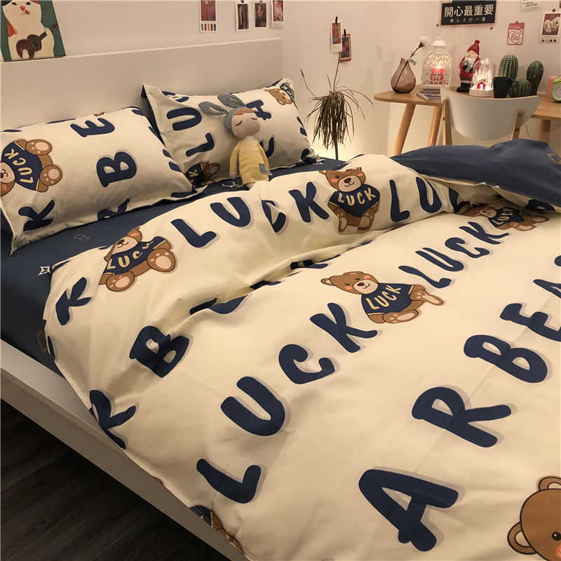 Ins Style Bear Washed Cotton Duvet Cover & Bed Sheets Cartoon Design for Student Dormitory - 3-Piece Simple Four-Piece Bedroom Linen Set W260302