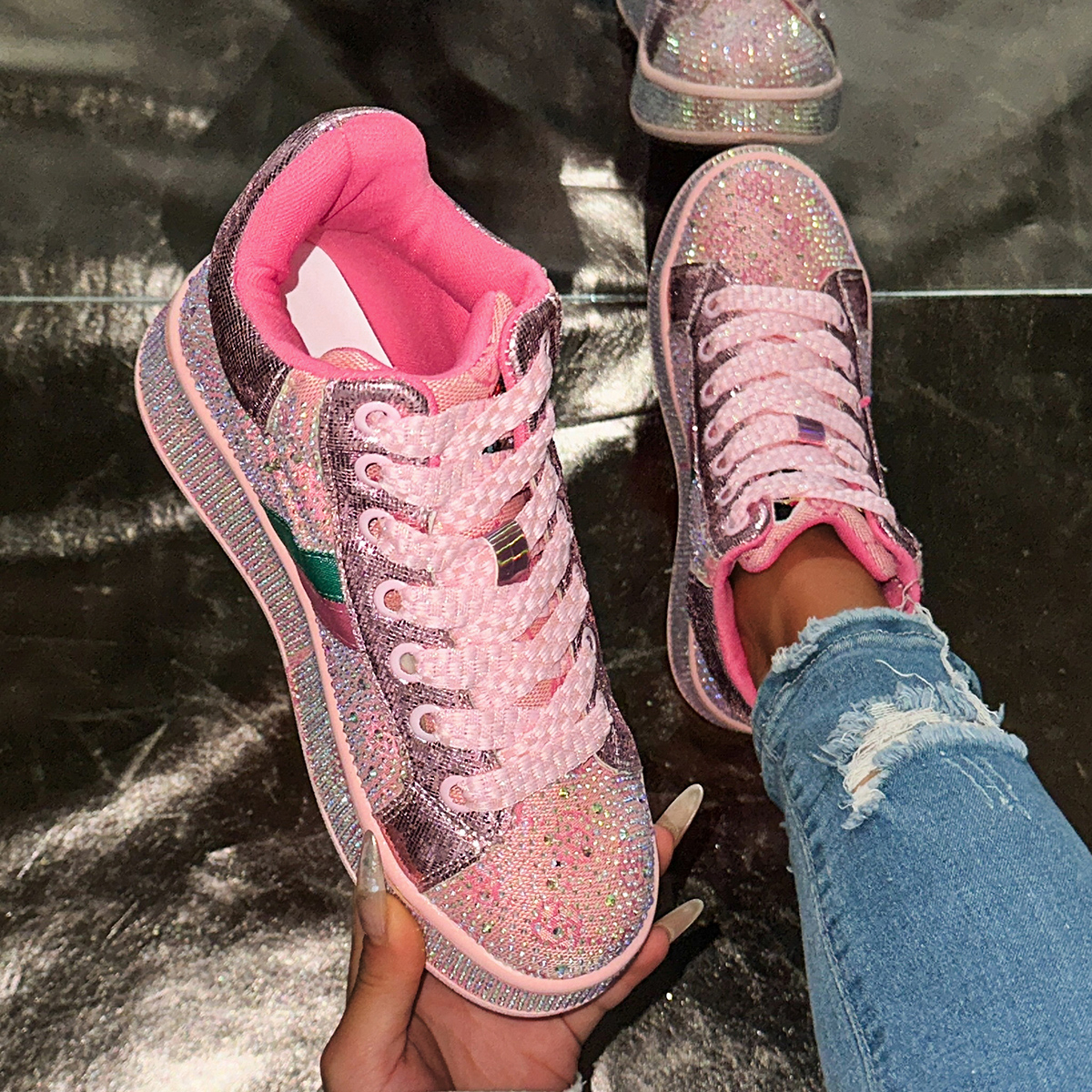 2025 Women High Top Printing Luxury Sneakers Shining Sneakers Fashion Shining Diamond Casual Shoes Comfortable Running Designer Sports Women's Sh