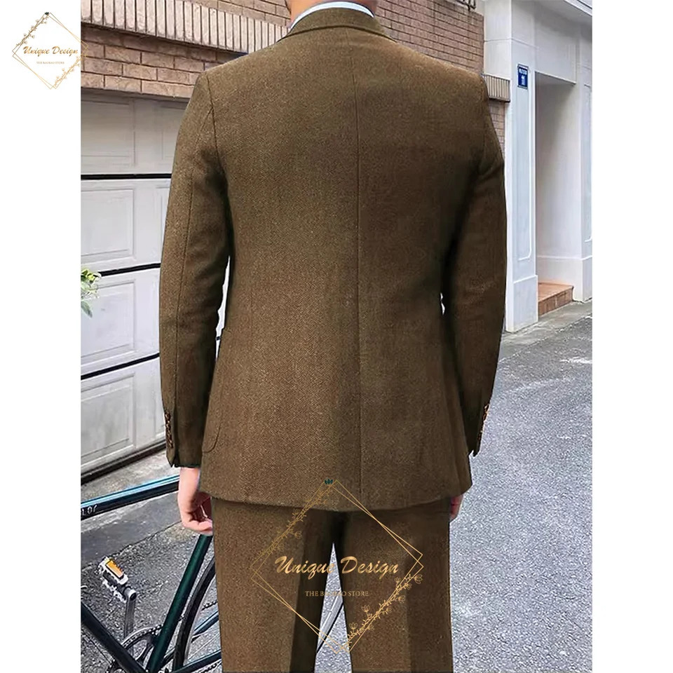 Premium Mens Suits 3 Piece Jacket Vest Pants Brown Wedding Tweed Herringbone Retro Vintage Tailored Fit Single Breasted Tuxedo 250922