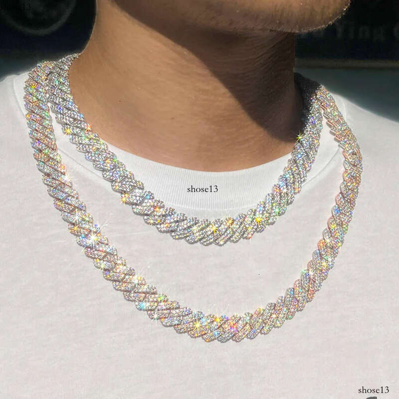 pass tester fashion gra moissanite dia 10mm-12mm wide 2rows solid sier cuban link chain for rapper hip hop necklace bracelet gift accessories
