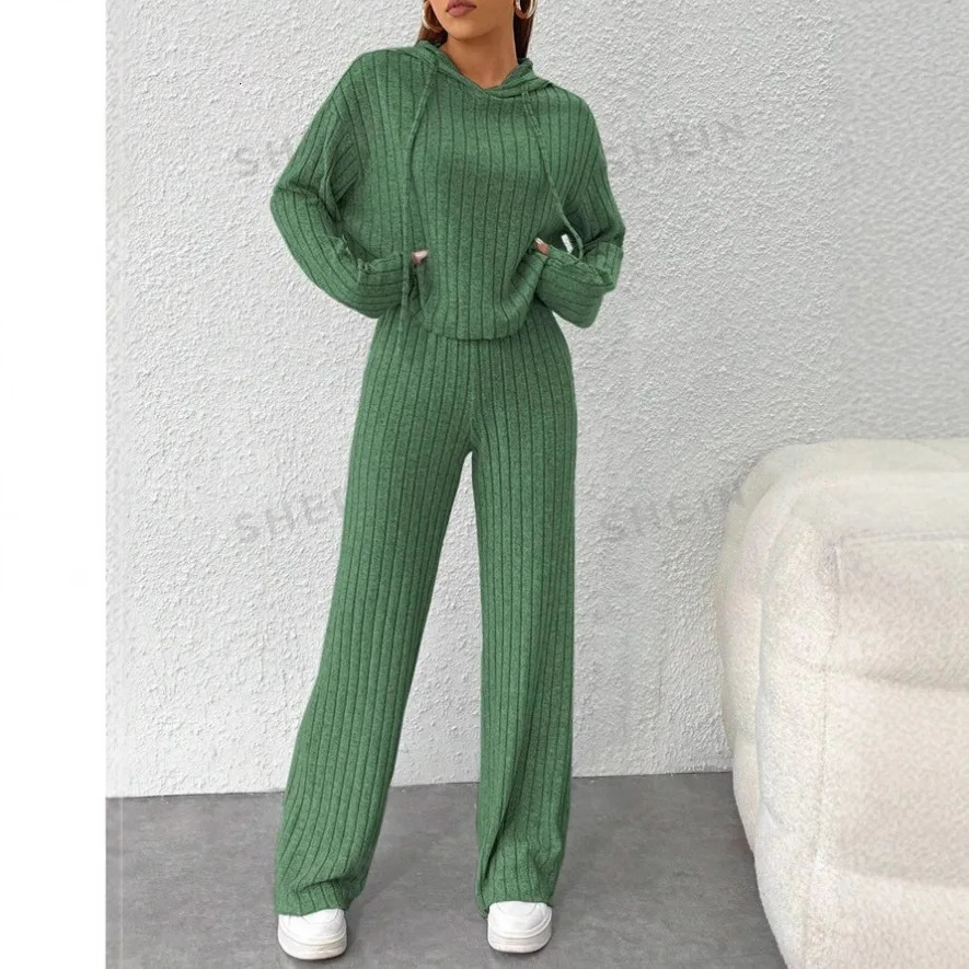 Hooded Top Pants 2piece Set Fashionable Longsleeved For Women Autumn Winter Solid Color Loose Knitted Sweatshirt Suit Female 250929