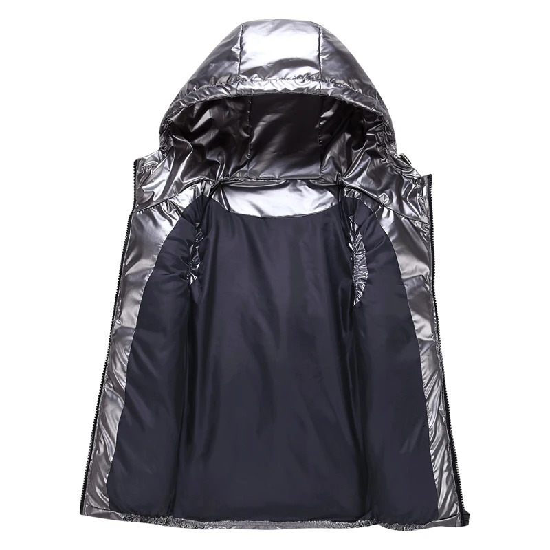 Classic Hooded Vest ManWomanChild Winter Hooded Glossy Cotton Vest Casual Waistcoat Mens Sleeveless Jacket Warm Overcoats Hat 250911