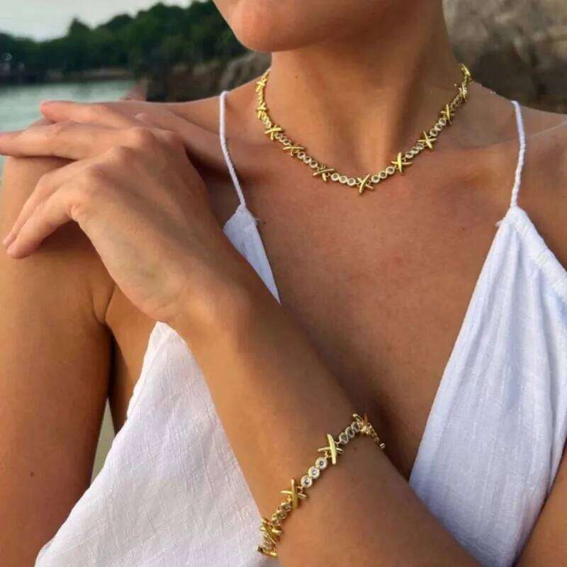 Light Gold Plated Gemma Cubic Zirconia Set for Women Elegant X Cross Choker Necklace Wedding Jewelry Gift