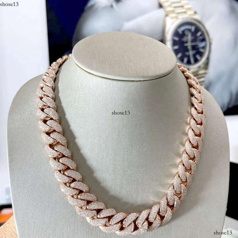 Aaa Gems Necklace 18mm 20mm Sier 10k/14k/ Gold Plating Moissanite 4 Rows Prong Iced Out Vvs Miami Cuban Link Chain