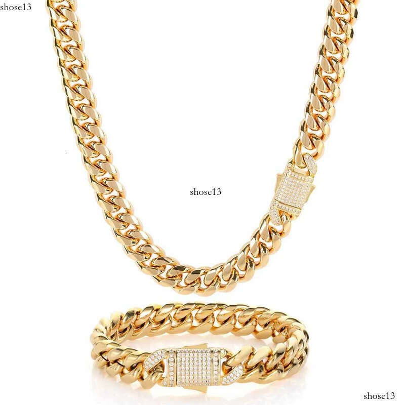 10/12MM Titanium Steel Plated Gold Miami Cuban Link Chain Mens Necklace Inlaid CZ Dia In Spring Buckle Personalized chains Hip Hop Designer Jewelry Gi