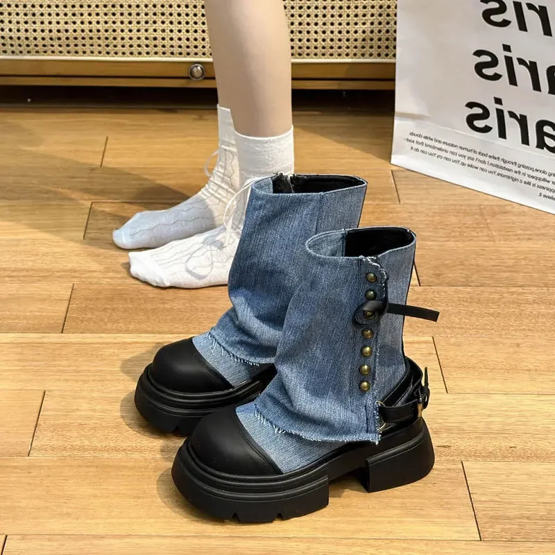Women Boots British Fashion Pants Leg Boots Thick Soled Rivet Zipper Belt Buckle Platform Anti Slip Cowboy Short Boots 250922