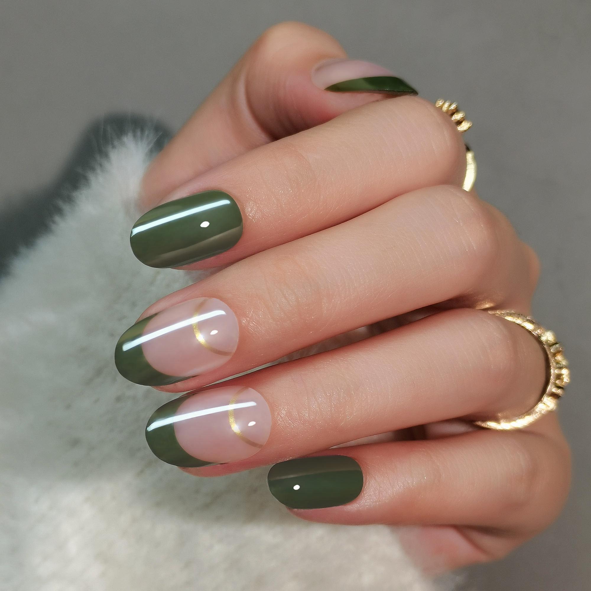 stylish olive green presson false nails short oval shape with line design