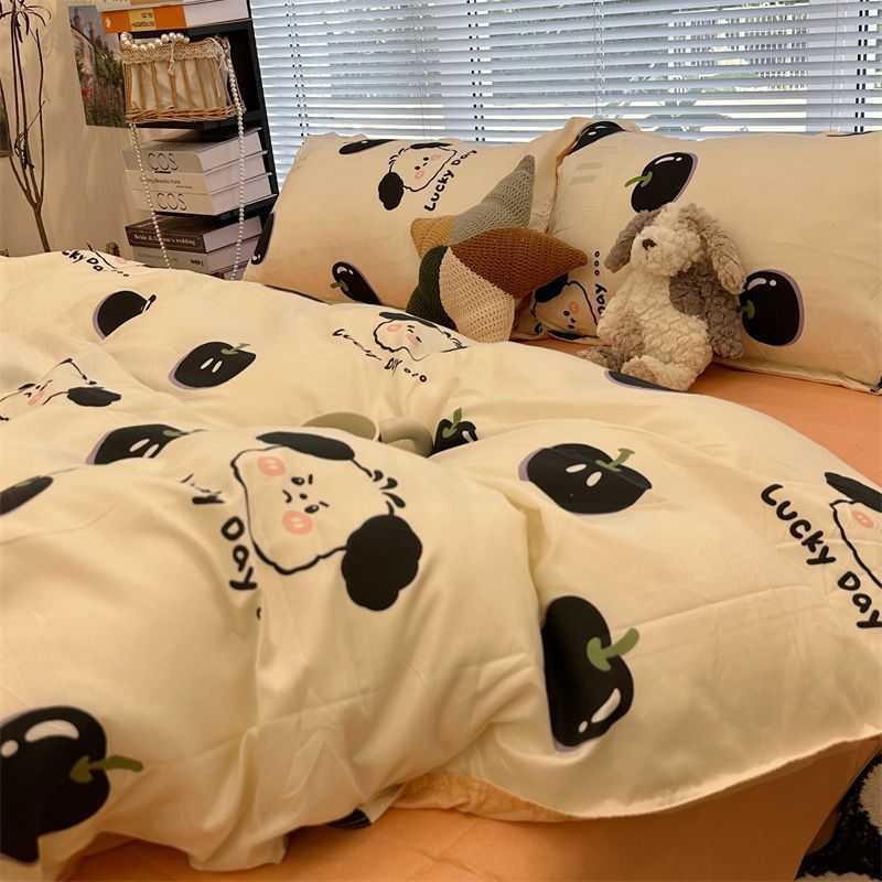 Ins Style Bear Washed Cotton Duvet Cover & Bed Sheets Cartoon Design for Student Dormitory - 3-Piece Simple Four-Piece Bedroom Linen Set W260302