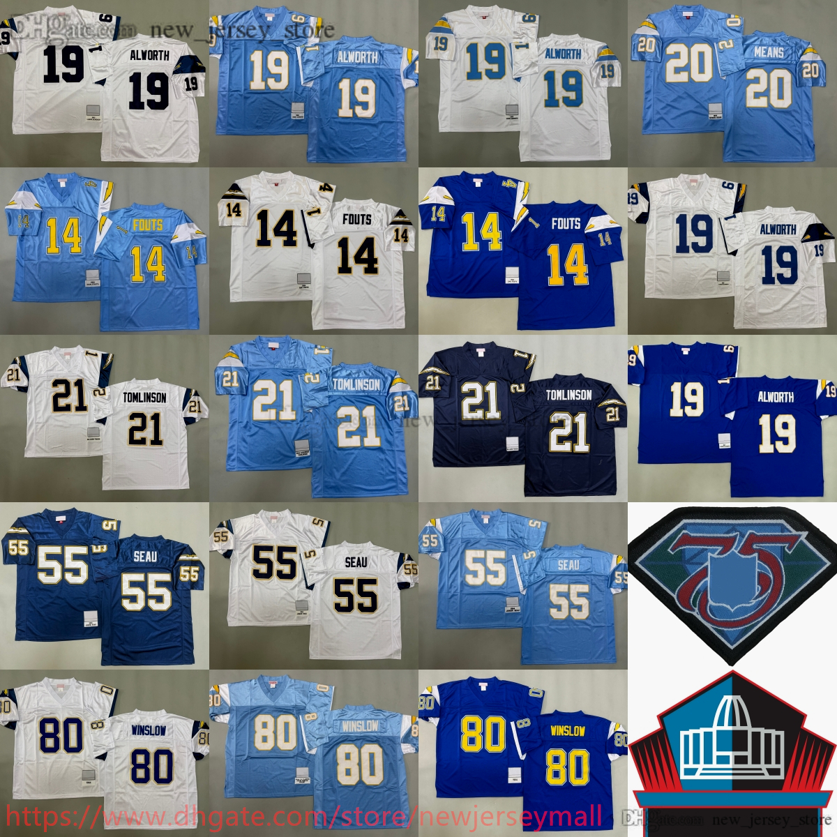 1994 Throwback Football 55 Junior Seau Jersey Vintage Stitched 21 LaDainian Tomlinson 19 Lance Alworth 80 Kellen Winslow 14 Dan Fouts Jerseys Breathable Sport Retro