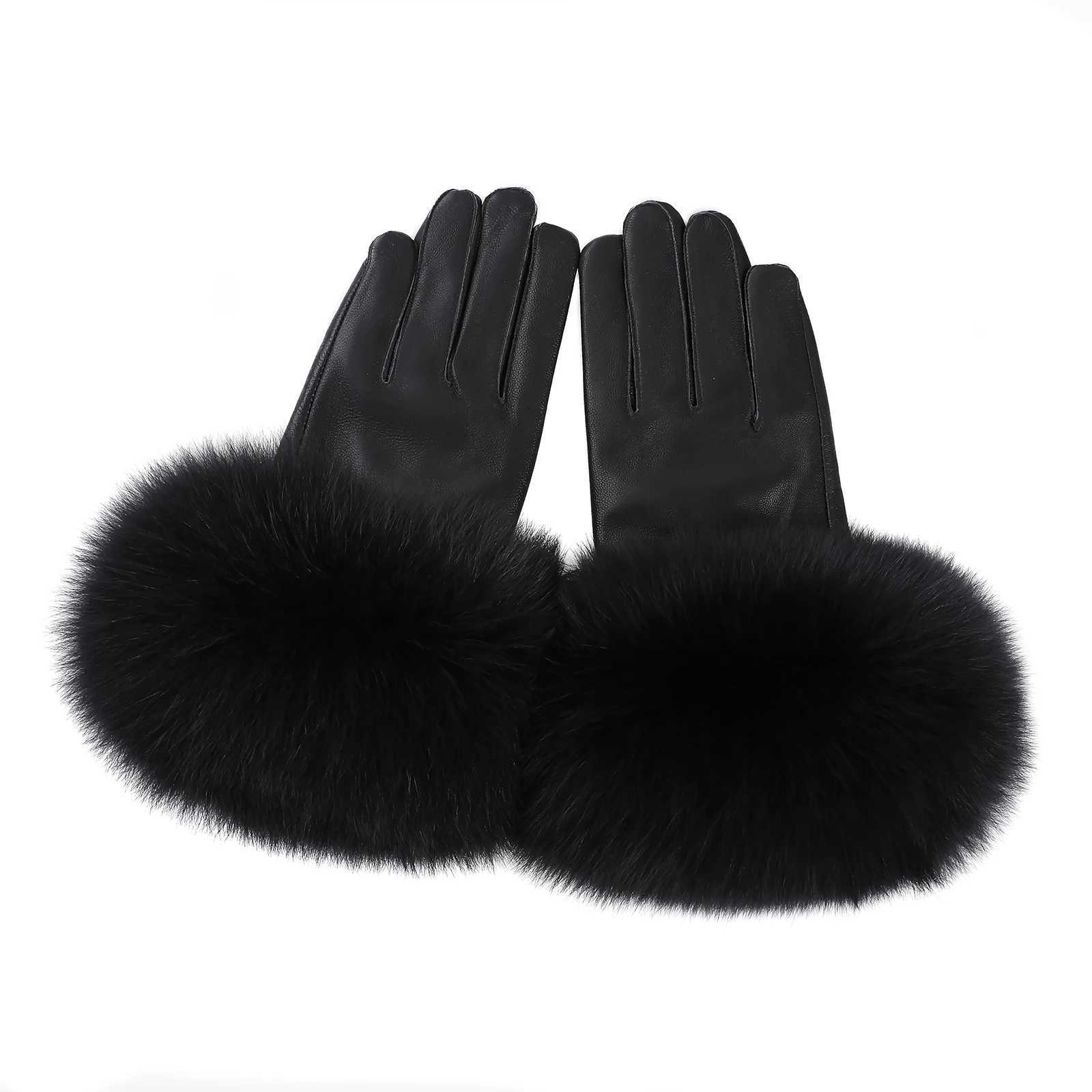 BOONJOVIA Women Genuine Lambskin Leather Gloves With Real Fox Fur Trim Cuff Winter Warm Driving GlovesVelvet Lined C250930