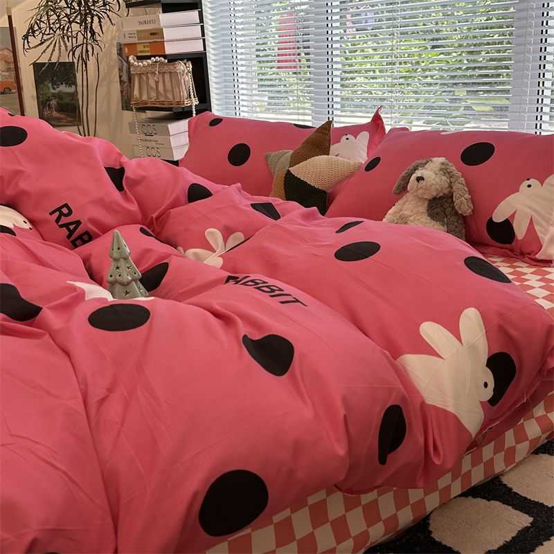 Ins Style Bear Washed Cotton Duvet Cover & Bed Sheets Cartoon Design for Student Dormitory - 3-Piece Simple Four-Piece Bedroom Linen Set W260302