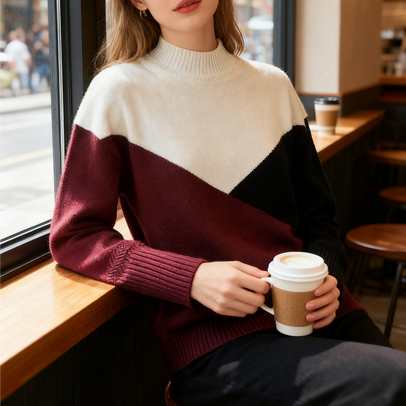 Women's Blouses & Shirts Women's Color Block Turtleneck Sweater - Loose Fit Knit Pullover with White, Rust & Lavender Panels AS24-0225