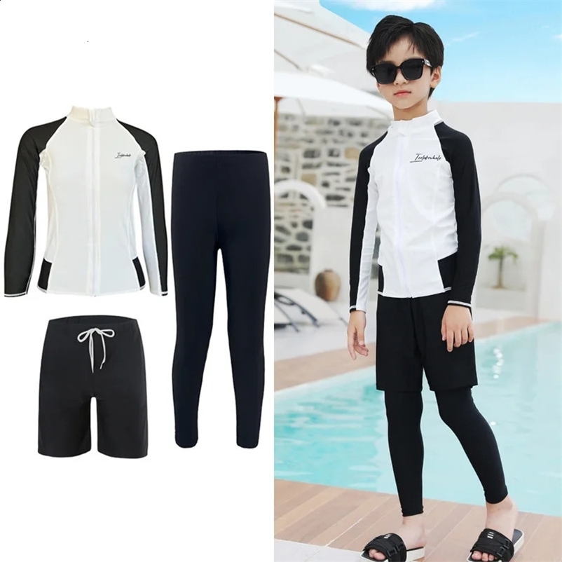 Three Piece Long Sleeve Cover Up Swimwear Korean Beach Wear Kids Girls Boys Swimsuit White Black Rash Guard Bathing Suits Pants 250313bj
