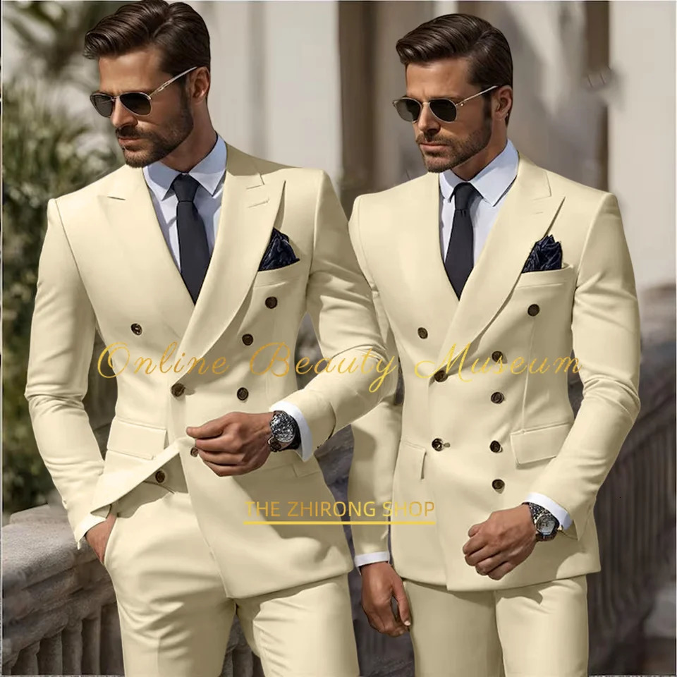 Formal Elegant Stylish Ivory Double Breasted 2 Piece Wedding Suits for Men Classic Tuxedo Bespoke For Groom Prom Party Dress 250922