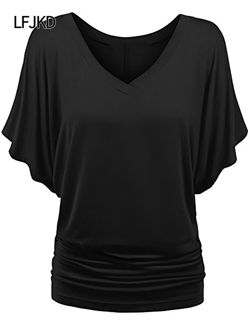 K2282 Batwing Sleeve T-shirt for women, large size, loose V-neck short-sleeved top, popular across the border, comfortable and breathable, multiple si