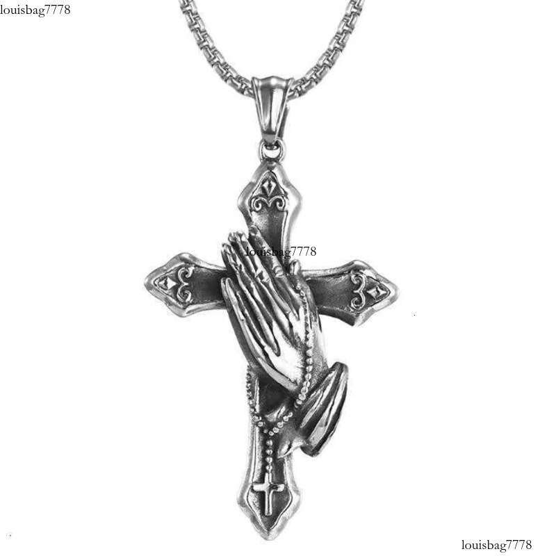 DHCollections Stainless Steel Cross Necklace with Praying Hands Pendant Chain Retro Style for Men