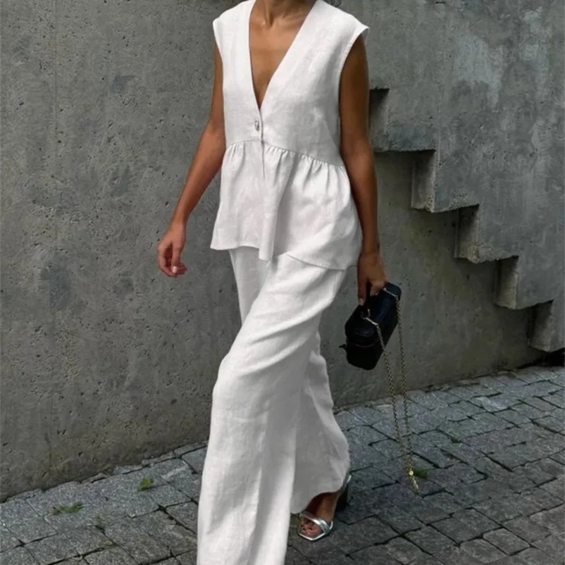 Summer Chic Womens Set Solid Color Cotton Linen Two Piece Set Fashion Ruffles Sleeveless Tank Top With Wide Pants Outfit Female 250627