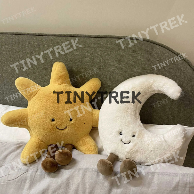 Able Smile Face White Moon Yellow Sun Plushie Stuffed Cute Weather Plush Toy for Kid Bedroom Decor Sofa Throw PillowXJ241204